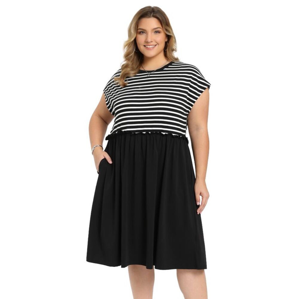 Women Plus Size Striped A-Line with Pockets Dress Black